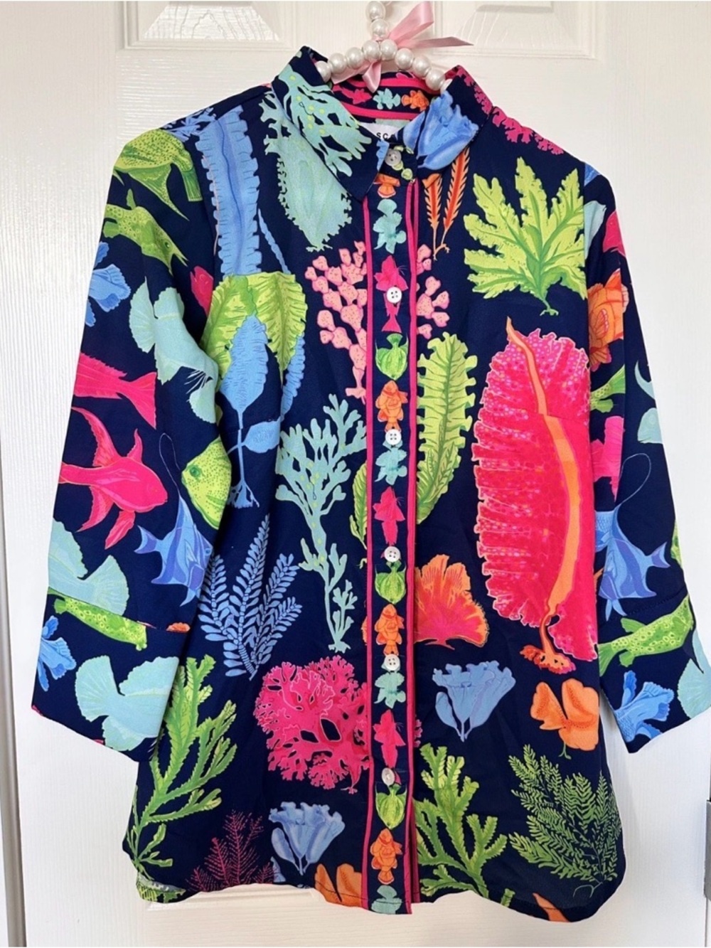 Gretchen Scott Button Up Shirt Classic 3/4 Sleeve Neon Coral Ocean Fish XS